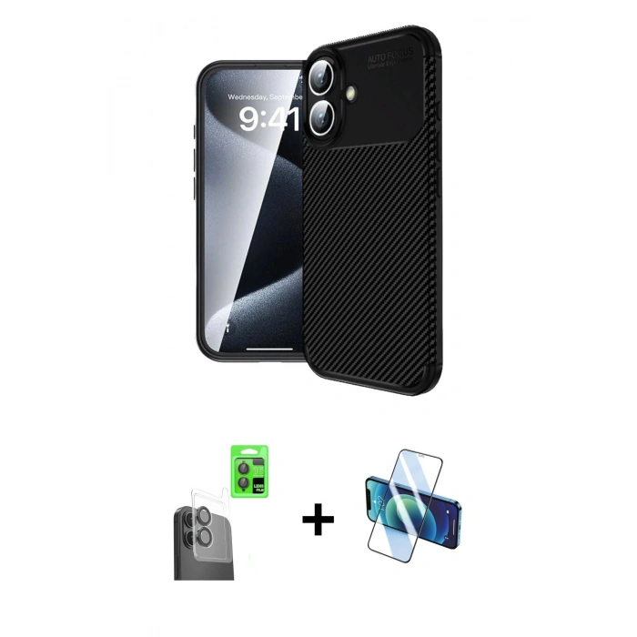 MARSİLYAN™- iPhone 16 Plus Kılıf Eksen Form Prime - Siyah 3D Antistatik Seramik Nano Ekran Koruyucu + Siyah Raze Metal Kamera Lens