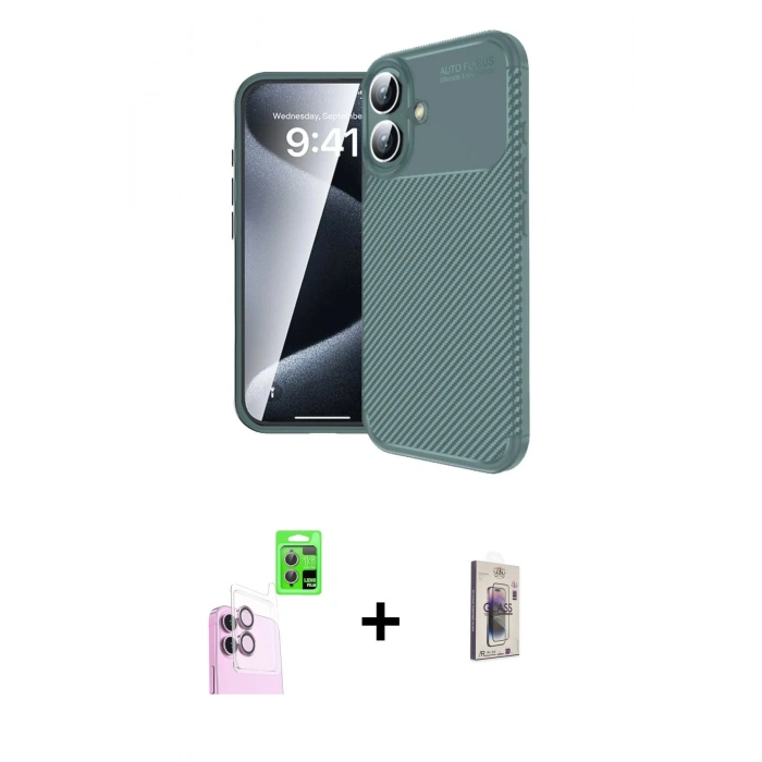 MARSİLYAN™- iPhone 16 Plus Kılıf Eksen Form Prime - Siyah Bilvis 3D Cam Ekran Koruyucu + Raze Metal Kamera Lens - PE