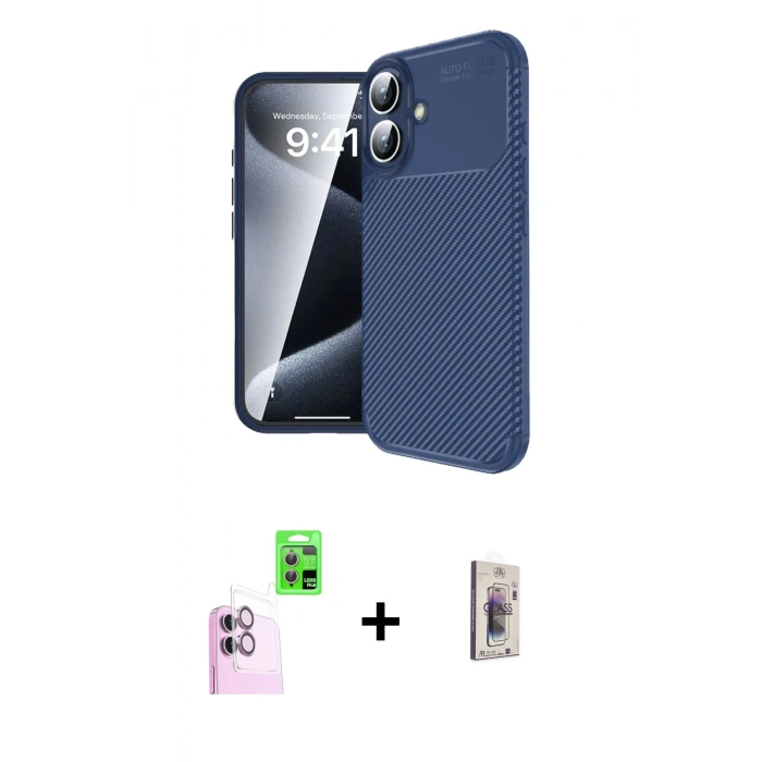 MARSİLYAN™- iPhone 16 Plus Kılıf Eksen Form Prime - Siyah Bilvis 3D Cam Ekran Koruyucu + Raze Metal Kamera Lens - PE