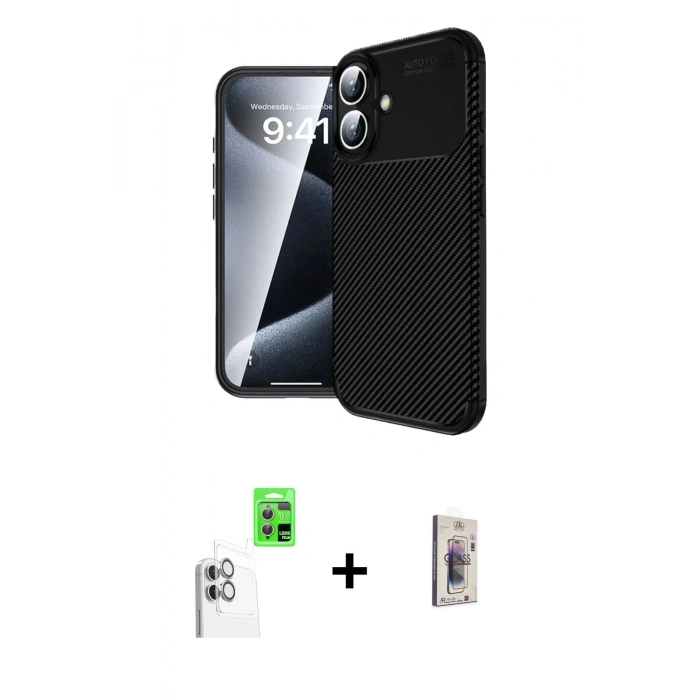MARSİLYAN™- iPhone 16 Plus Kılıf Eksen Form Prime - Siyah Bilvis 3D Cam Ekran Koruyucu + Raze Metal Kamera Lens - BZ