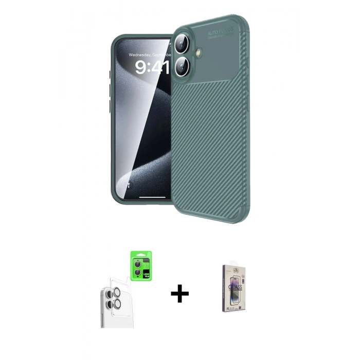 MARSİLYAN™- iPhone 16 Plus Kılıf Eksen Form Prime - Siyah Bilvis 3D Cam Ekran Koruyucu + Raze Metal Kamera Lens - BZ