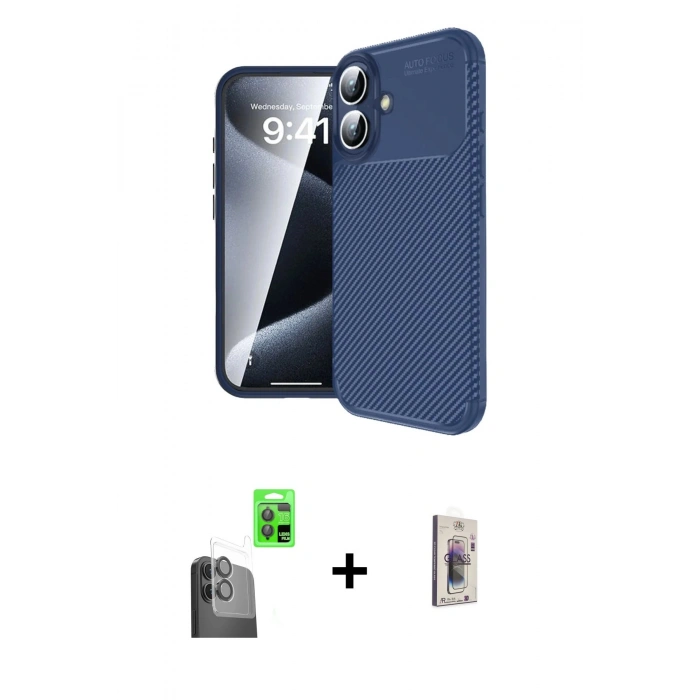 MARSİLYAN™- iPhone 16 Plus Kılıf Eksen Form Prime - Siyah Bilvis 3D Cam Ekran Koruyucu + Siyah Raze Metal Kamera Lens