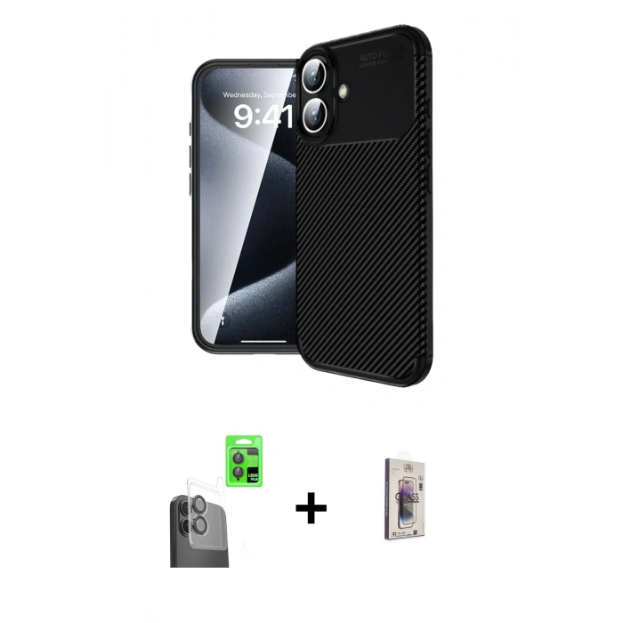 MARSİLYAN™- iPhone 16 Plus Kılıf Eksen Form Prime - Siyah Bilvis 3D Cam Ekran Koruyucu + Siyah Raze Metal Kamera Lens