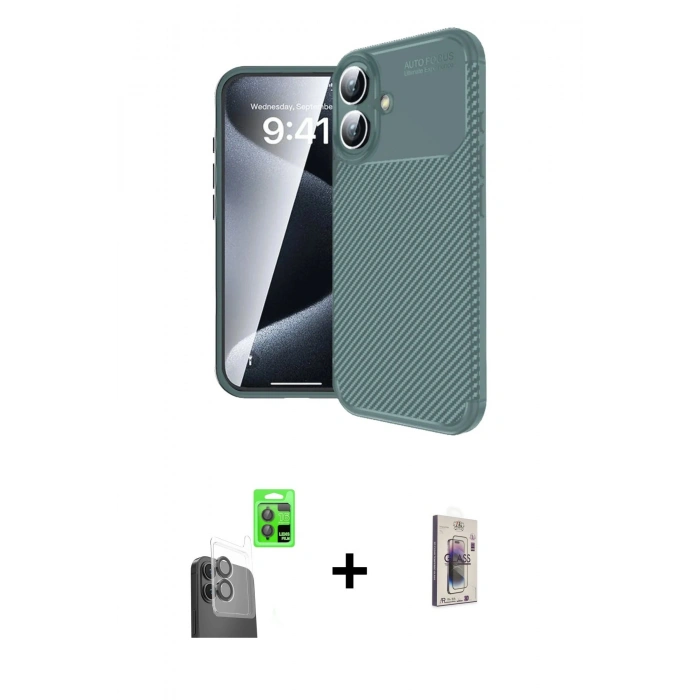 MARSİLYAN™- iPhone 16 Plus Kılıf Eksen Form Prime - Siyah Bilvis 3D Cam Ekran Koruyucu + Siyah Raze Metal Kamera Lens