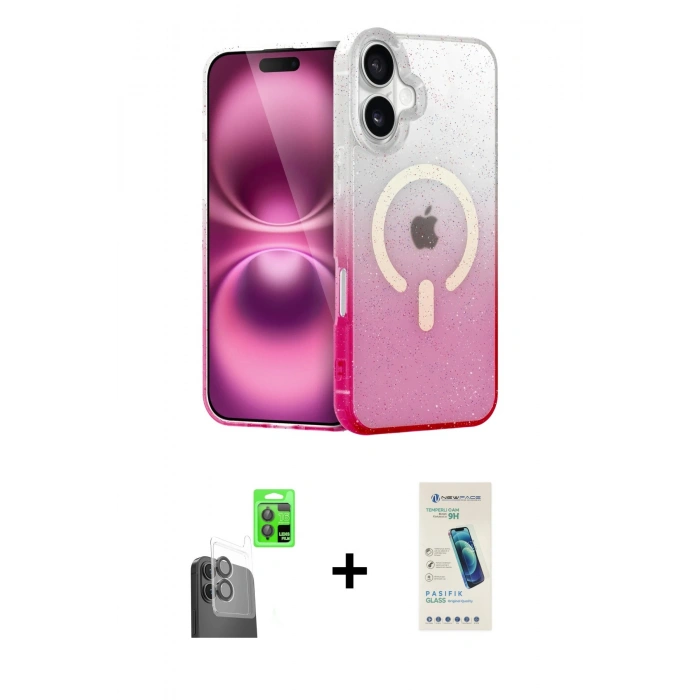 MARSİLYAN™- iPhone 16 Plus Kılıf Eksen Minimal Özel Seri - Şeffaf Pasifik Cam Ekran Koruyucu + Raze Metal Kamera Lens - SH