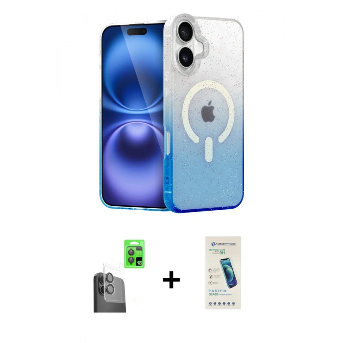 MARSİLYAN™- iPhone 16 Plus Kılıf Eksen Minimal Özel Seri - Şeffaf Pasifik Cam Ekran Koruyucu + Raze Metal Kamera Lens - SH