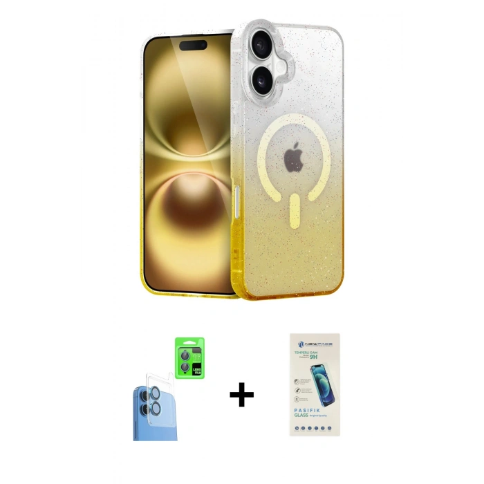 MARSİLYAN™- iPhone 16 Plus Kılıf Eksen Minimal Özel Seri - Şeffaf Pasifik Cam Ekran Koruyucu + Raze Metal Kamera Lens - LT