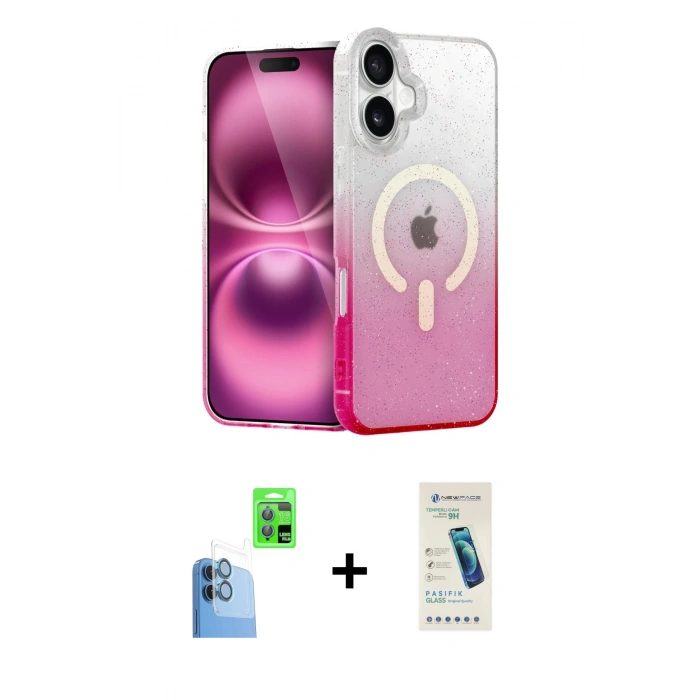 MARSİLYAN™- iPhone 16 Plus Kılıf Eksen Minimal Özel Seri - Şeffaf Pasifik Cam Ekran Koruyucu + Raze Metal Kamera Lens - LT