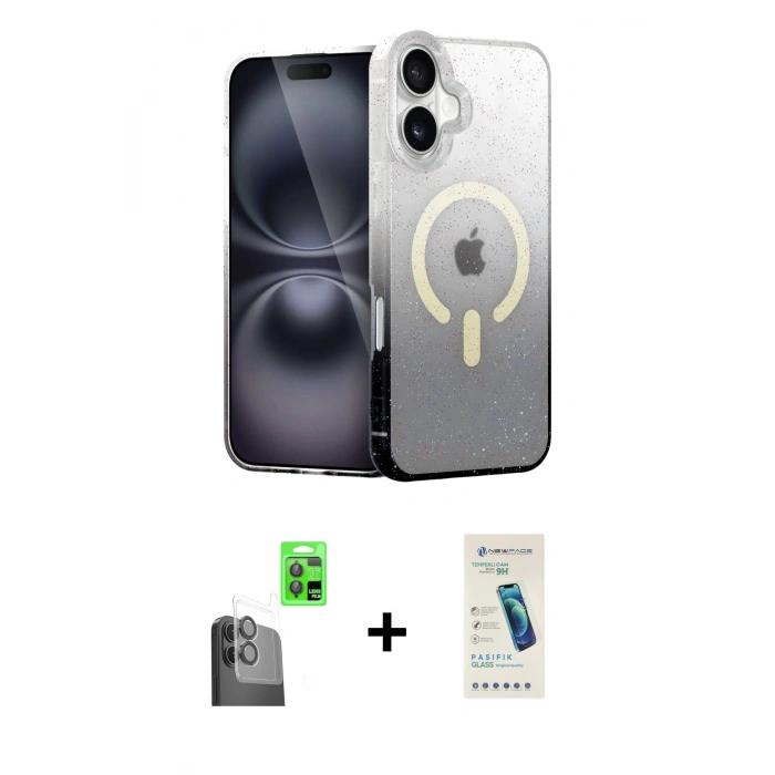 MARSİLYAN™- iPhone 16 Plus Kılıf Eksen Minimal Özel Seri - Şeffaf Pasifik Cam Ekran Koruyucu + Raze Metal Kamera Lens - SH