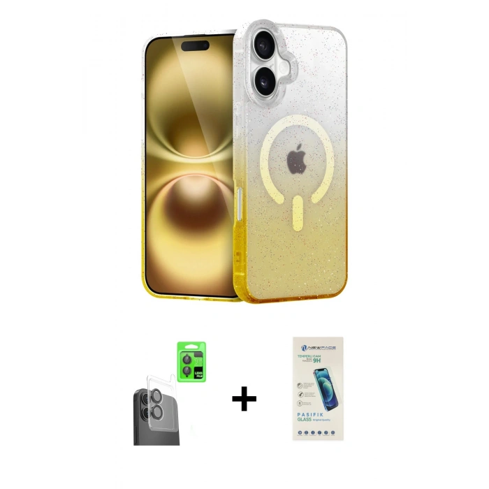 MARSİLYAN™- iPhone 16 Plus Kılıf Eksen Minimal Özel Seri - Şeffaf Pasifik Cam Ekran Koruyucu + Raze Metal Kamera Lens - SH