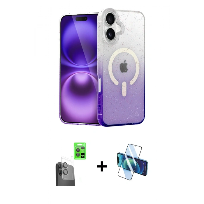 MARSİLYAN™- iPhone 16 Plus Kılıf Eksen Minimal Özel Seri - Siyah 3D Antistatik Cam Ekran Koruyucu + Raze Metal Kamera Lens - SH
