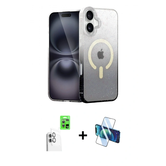 MARSİLYAN™- iPhone 16 Plus Kılıf Eksen Minimal Özel Seri - Siyah 3D Antistatik Cam Ekran Koruyucu + Raze Metal Kamera Lens - BZ