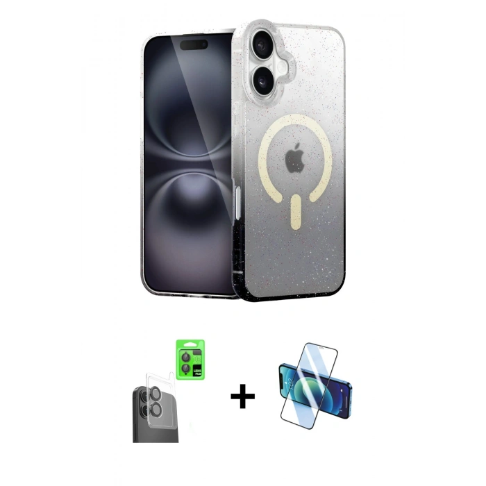 MARSİLYAN™- iPhone 16 Plus Kılıf Eksen Minimal Özel Seri - Siyah 3D Antistatik Cam Ekran Koruyucu + Raze Metal Kamera Lens - SH