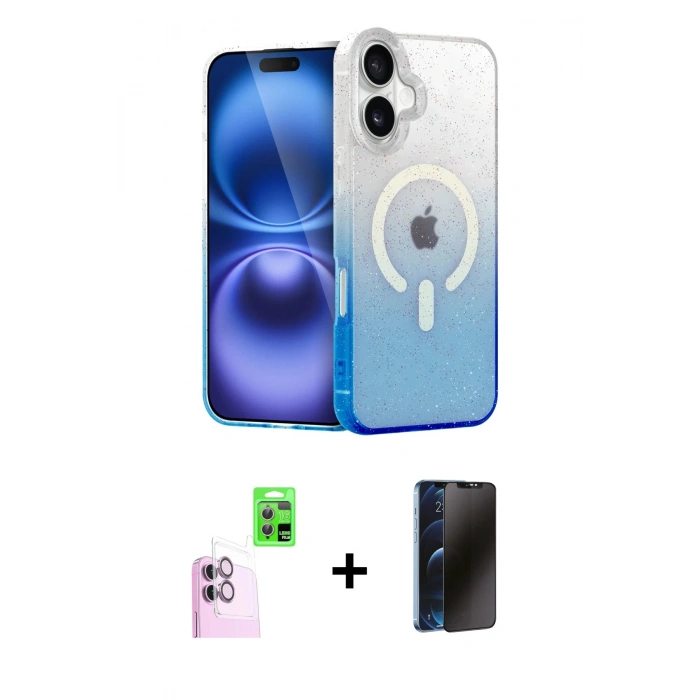 MARSİLYAN™- iPhone 16 Plus Kılıf Eksen Minimal Özel Seri - Siyah 3D Antistatik Hayalet Cam Ekran Koruyucu + Raze Metal Kamera Lens - PE
