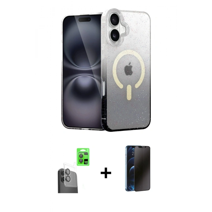 MARSİLYAN™- iPhone 16 Plus Kılıf Eksen Minimal Özel Seri - Siyah 3D Antistatik Hayalet Cam Ekran Koruyucu + Siyah Raze Metal Kamera Lens