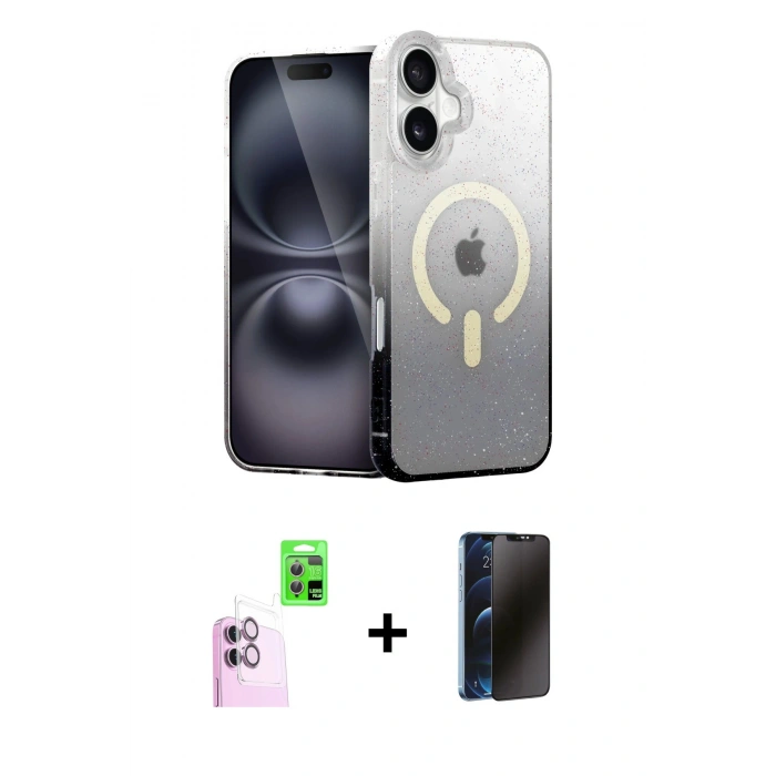 MARSİLYAN™- iPhone 16 Plus Kılıf Eksen Minimal Özel Seri - Siyah 3D Antistatik Hayalet Cam Ekran Koruyucu + Raze Metal Kamera Lens - PE