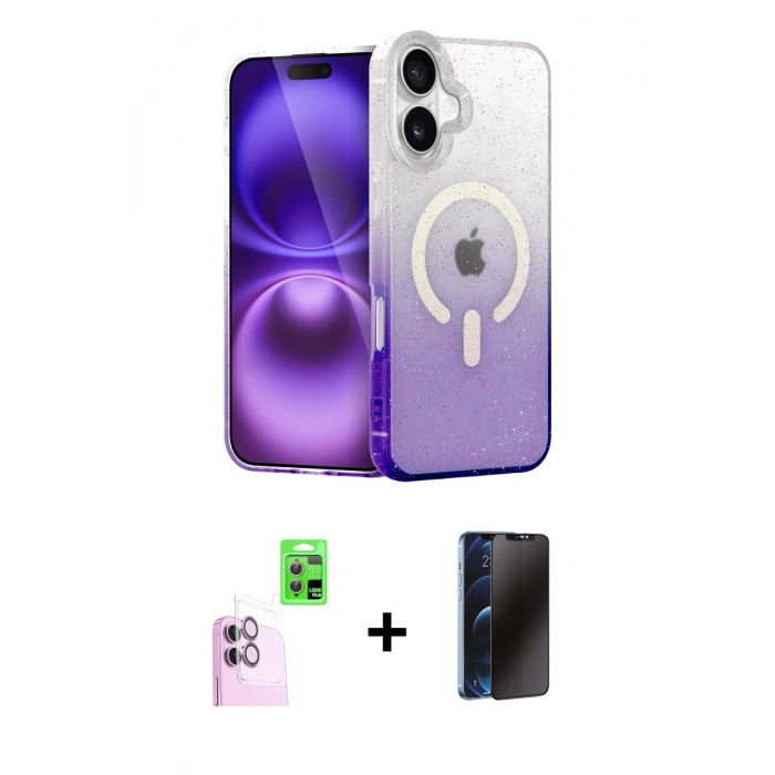 MARSİLYAN™- iPhone 16 Plus Kılıf Eksen Minimal Özel Seri - Siyah 3D Antistatik Hayalet Cam Ekran Koruyucu + Raze Metal Kamera Lens - PE