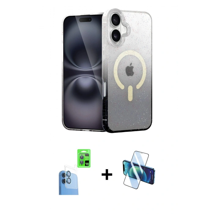 MARSİLYAN™- iPhone 16 Plus Kılıf Eksen Minimal Özel Seri - Siyah 3D Antistatik Seramik Nano Ekran Koruyucu + Raze Metal Kamera Lens - LT