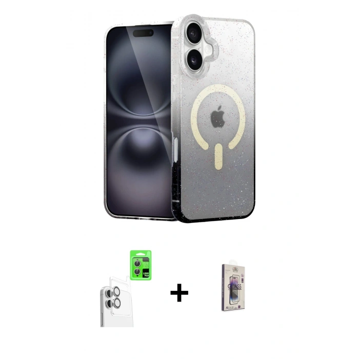 MARSİLYAN™- iPhone 16 Plus Kılıf Eksen Minimal Özel Seri - Siyah Bilvis 3D Cam Ekran Koruyucu + Raze Metal Kamera Lens - BZ
