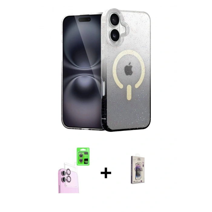 MARSİLYAN™- iPhone 16 Plus Kılıf Eksen Minimal Özel Seri - Siyah Bilvis 3D Cam Ekran Koruyucu + Raze Metal Kamera Lens - PE