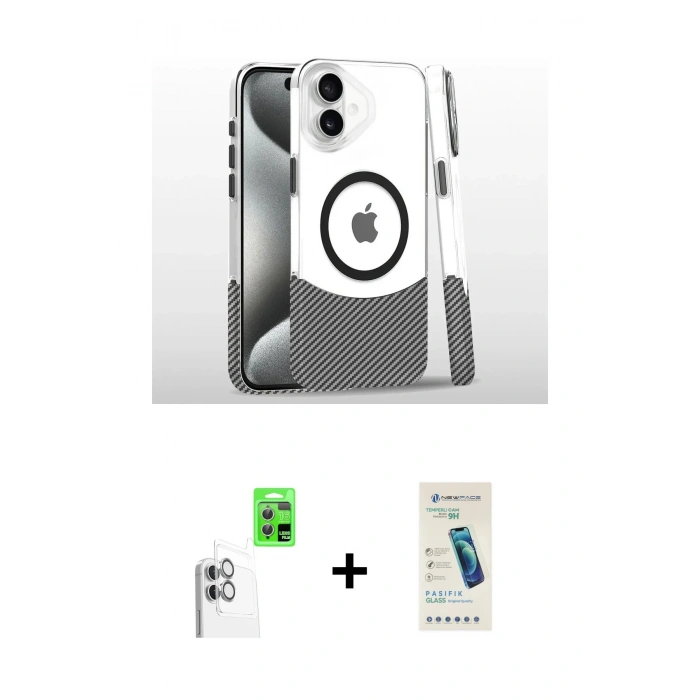 MARSİLYAN™- iPhone 16 Plus Kılıf İz Asil Prime - Şeffaf Pasifik Cam Ekran Koruyucu + Raze Metal Kamera Lens - BZ