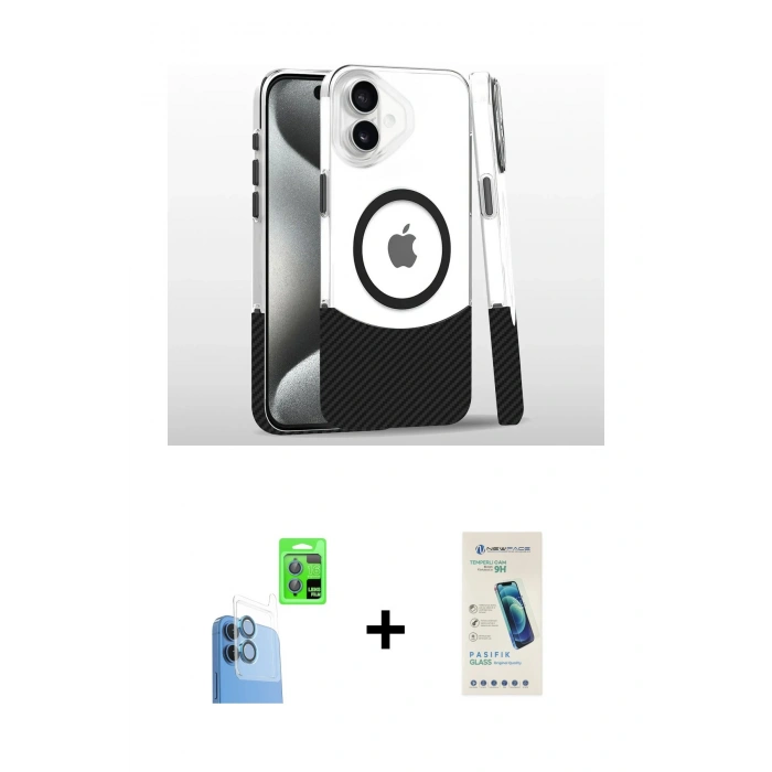 MARSİLYAN™- iPhone 16 Plus Kılıf İz Asil Prime - Şeffaf Pasifik Cam Ekran Koruyucu + Raze Metal Kamera Lens - LT