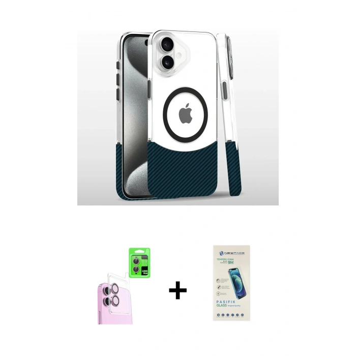 MARSİLYAN™- iPhone 16 Plus Kılıf İz Asil Prime - Şeffaf Pasifik Cam Ekran Koruyucu + Raze Metal Kamera Lens - PE