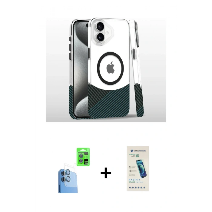 MARSİLYAN™- iPhone 16 Plus Kılıf İz Asil Prime - Şeffaf Pasifik Cam Ekran Koruyucu + Raze Metal Kamera Lens - LT
