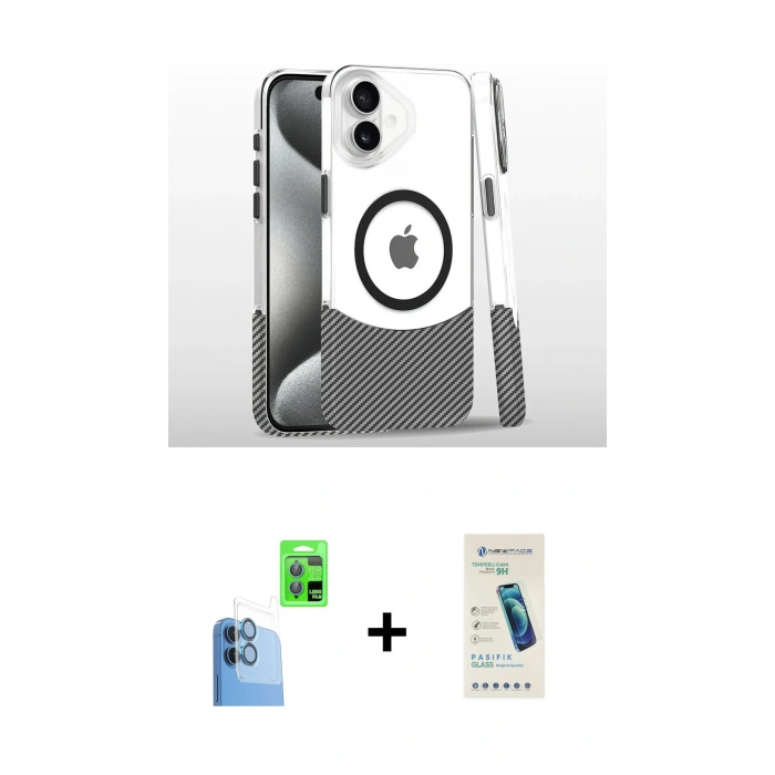 MARSİLYAN™- iPhone 16 Plus Kılıf İz Asil Prime - Şeffaf Pasifik Cam Ekran Koruyucu + Raze Metal Kamera Lens - LT