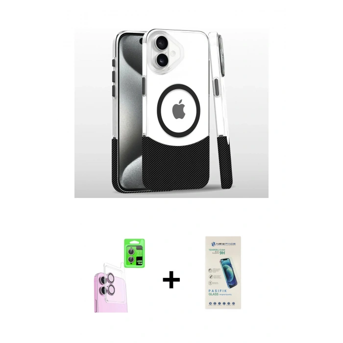 MARSİLYAN™- iPhone 16 Plus Kılıf İz Asil Prime - Şeffaf Pasifik Cam Ekran Koruyucu + Raze Metal Kamera Lens - PE