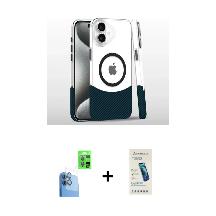 MARSİLYAN™- iPhone 16 Plus Kılıf İz Asil Prime - Şeffaf Pasifik Cam Ekran Koruyucu + Raze Metal Kamera Lens - LT
