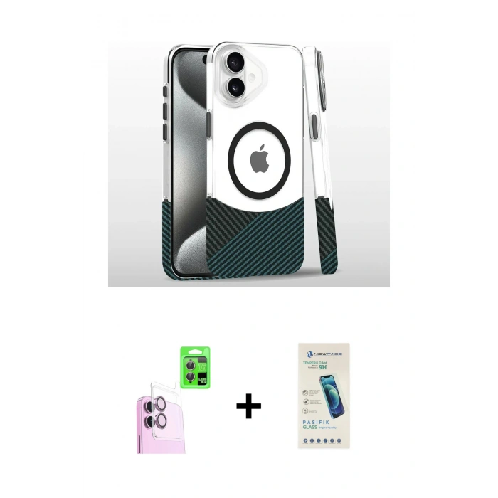 MARSİLYAN™- iPhone 16 Plus Kılıf İz Asil Prime - Şeffaf Pasifik Cam Ekran Koruyucu + Raze Metal Kamera Lens - PE