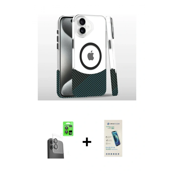 MARSİLYAN™- iPhone 16 Plus Kılıf İz Asil Prime - Şeffaf Pasifik Cam Ekran Koruyucu + Raze Metal Kamera Lens - SH