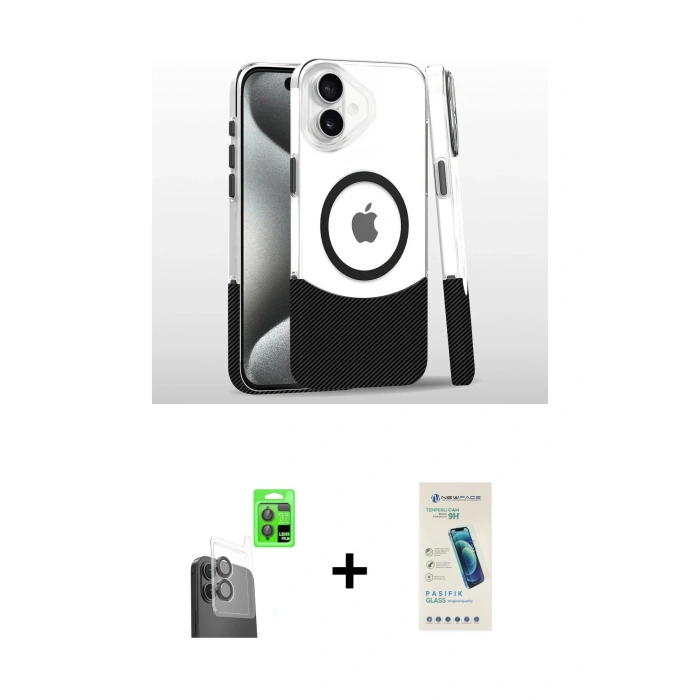 MARSİLYAN™- iPhone 16 Plus Kılıf İz Asil Prime - Şeffaf Pasifik Cam Ekran Koruyucu + Raze Metal Kamera Lens - SH