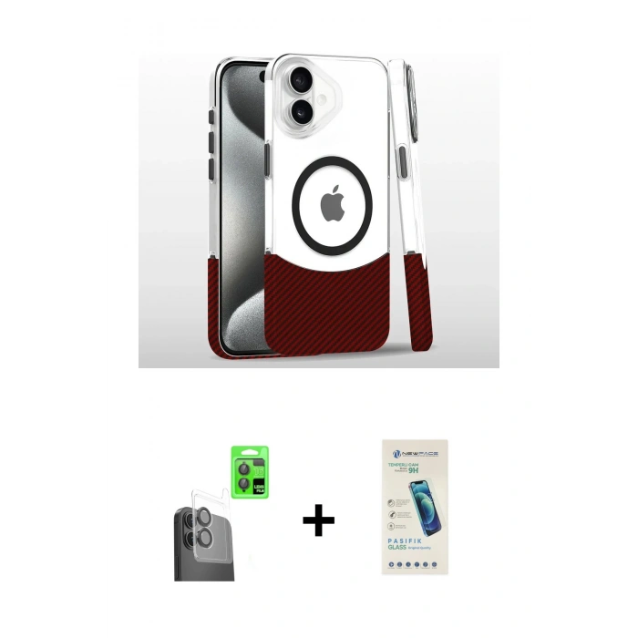 MARSİLYAN™- iPhone 16 Plus Kılıf İz Asil Prime - Şeffaf Pasifik Cam Ekran Koruyucu + Raze Metal Kamera Lens - SH