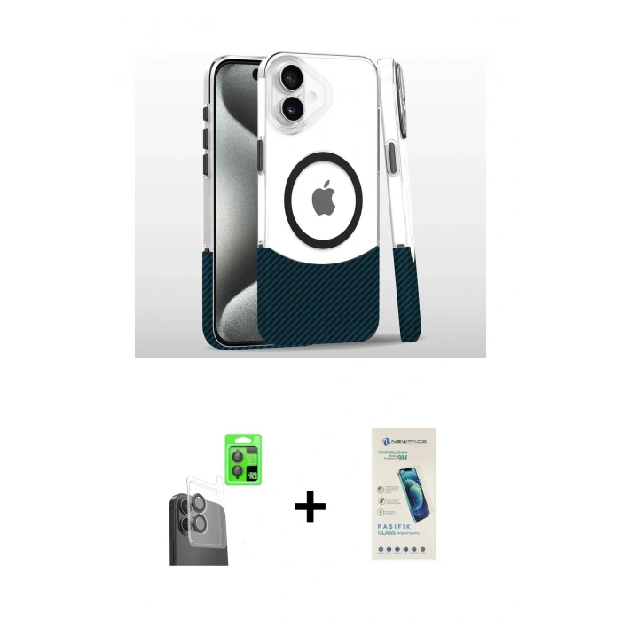 MARSİLYAN™- iPhone 16 Plus Kılıf İz Asil Prime - Şeffaf Pasifik Cam Ekran Koruyucu + Raze Metal Kamera Lens - SH
