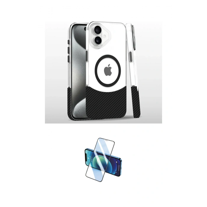 MARSİLYAN™- iPhone 16 Plus Kılıf İz Asil Prime - Siyah 3D Antistatik Cam Ekran Koruyucu