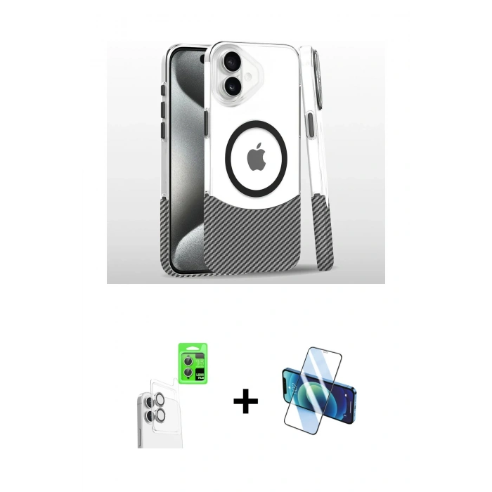 MARSİLYAN™- iPhone 16 Plus Kılıf İz Asil Prime - Siyah 3D Antistatik Cam Ekran Koruyucu + Raze Metal Kamera Lens - BZ