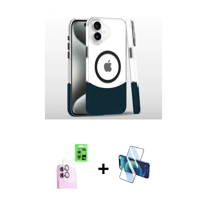 MARSİLYAN™- iPhone 16 Plus Kılıf İz Asil Prime - Siyah 3D Antistatik Cam Ekran Koruyucu + Raze Metal Kamera Lens - PE