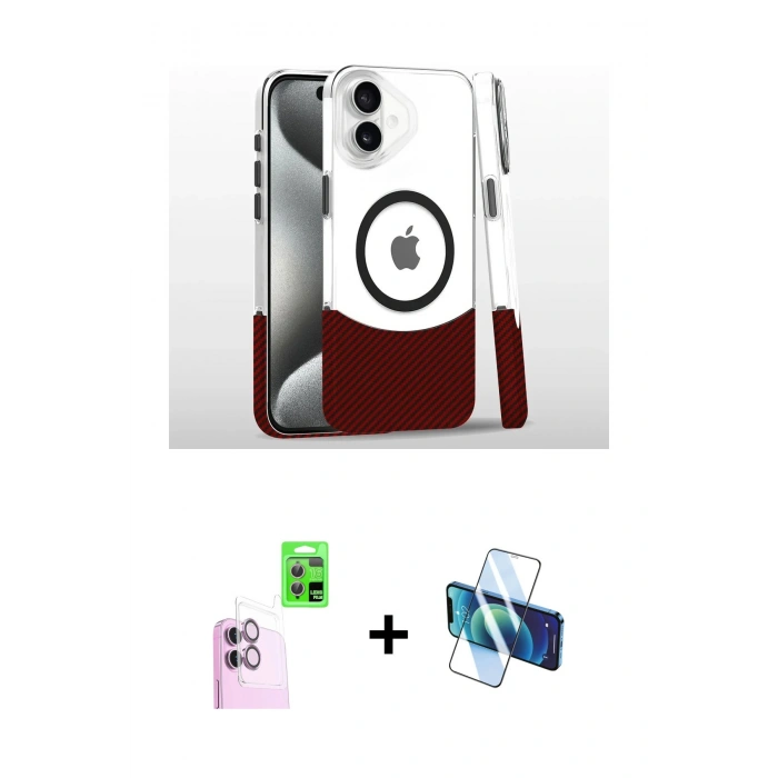 MARSİLYAN™- iPhone 16 Plus Kılıf İz Asil Prime - Siyah 3D Antistatik Cam Ekran Koruyucu + Raze Metal Kamera Lens - PE