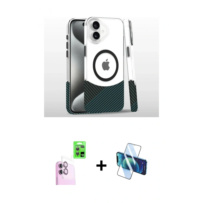 MARSİLYAN™- iPhone 16 Plus Kılıf İz Asil Prime - Siyah 3D Antistatik Cam Ekran Koruyucu + Raze Metal Kamera Lens - PE