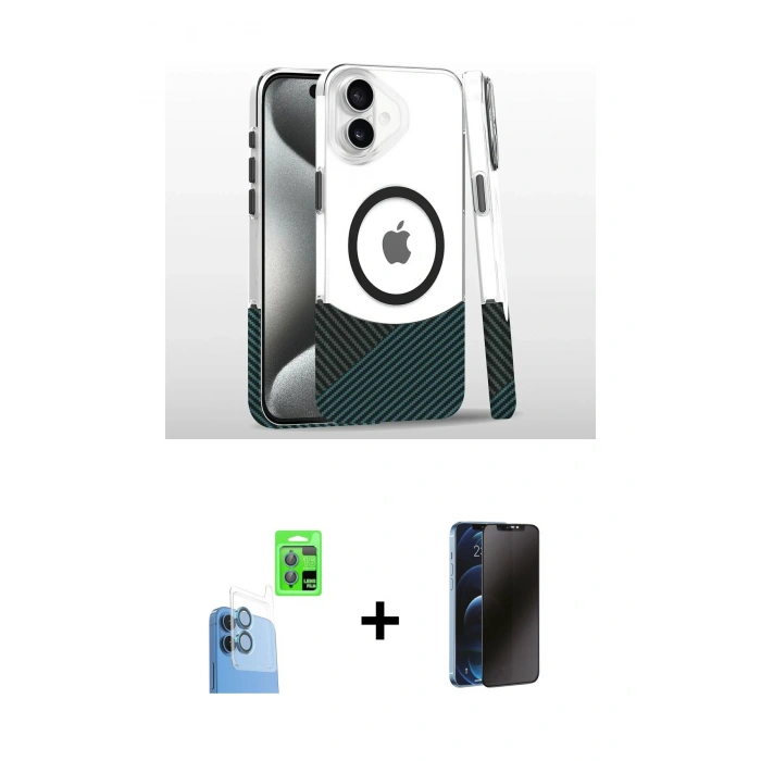 MARSİLYAN™- iPhone 16 Plus Kılıf İz Asil Prime - Siyah 3D Antistatik Hayalet Cam Ekran Koruyucu + Raze Metal Kamera Lens - LT