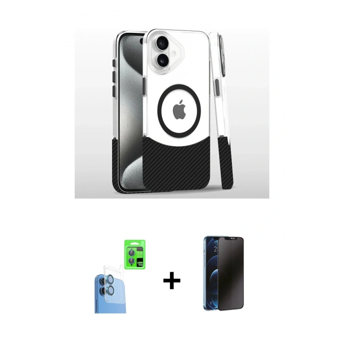 MARSİLYAN™- iPhone 16 Plus Kılıf İz Asil Prime - Siyah 3D Antistatik Hayalet Cam Ekran Koruyucu + Raze Metal Kamera Lens - LT