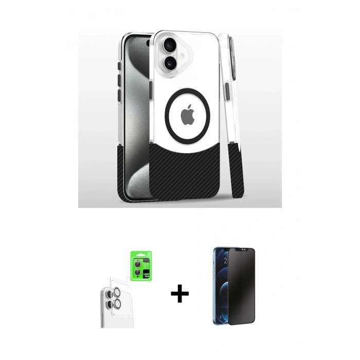 MARSİLYAN™- iPhone 16 Plus Kılıf İz Asil Prime - Siyah 3D Antistatik Hayalet Cam Ekran Koruyucu + Raze Metal Kamera Lens - BZ