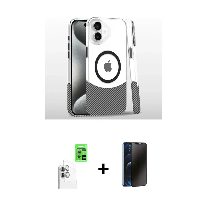 MARSİLYAN™- iPhone 16 Plus Kılıf İz Asil Prime - Siyah 3D Antistatik Hayalet Cam Ekran Koruyucu + Raze Metal Kamera Lens - BZ