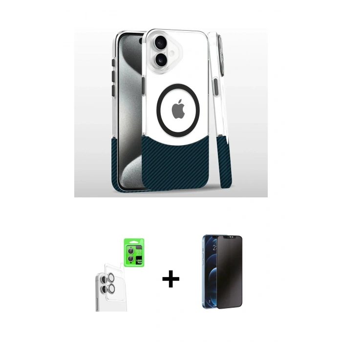 MARSİLYAN™- iPhone 16 Plus Kılıf İz Asil Prime - Siyah 3D Antistatik Hayalet Cam Ekran Koruyucu + Raze Metal Kamera Lens - BZ