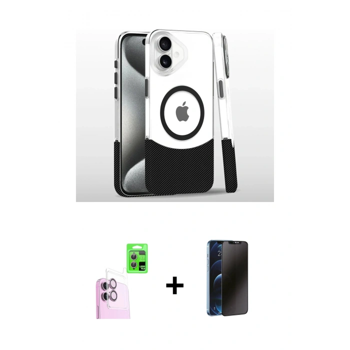 MARSİLYAN™- iPhone 16 Plus Kılıf İz Asil Prime - Siyah 3D Antistatik Hayalet Cam Ekran Koruyucu + Raze Metal Kamera Lens - PE