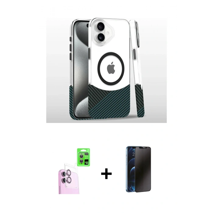 MARSİLYAN™- iPhone 16 Plus Kılıf İz Asil Prime - Siyah 3D Antistatik Hayalet Cam Ekran Koruyucu + Raze Metal Kamera Lens - PE
