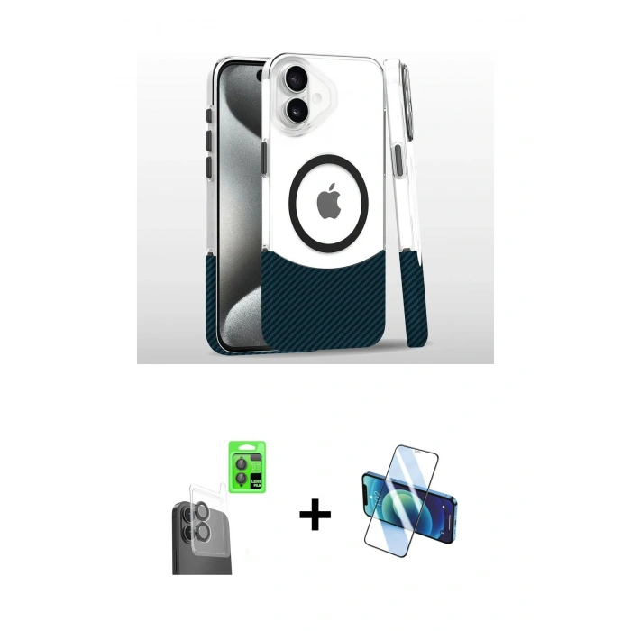 MARSİLYAN™- iPhone 16 Plus Kılıf İz Asil Prime - Siyah 3D Antistatik Seramik Nano Ekran Koruyucu + Raze Metal Kamera Lens - SH