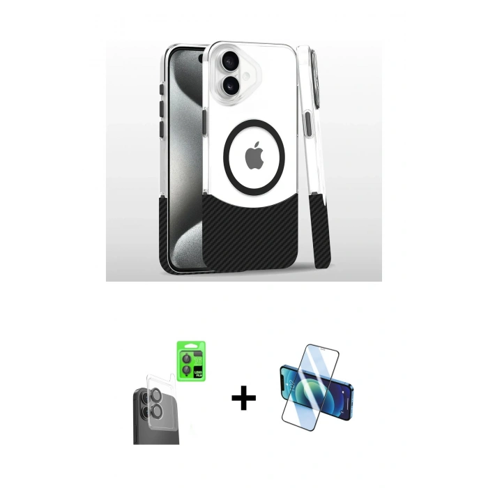 MARSİLYAN™- iPhone 16 Plus Kılıf İz Asil Prime - Siyah 3D Antistatik Seramik Nano Ekran Koruyucu + Raze Metal Kamera Lens - SH
